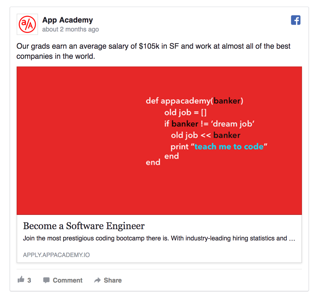 facebook annonse eksempel ved app academy