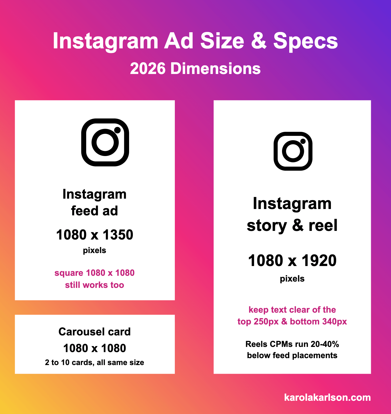 Instagram ad size and specs 2026 — feed, story, reel, carousel dimensions
