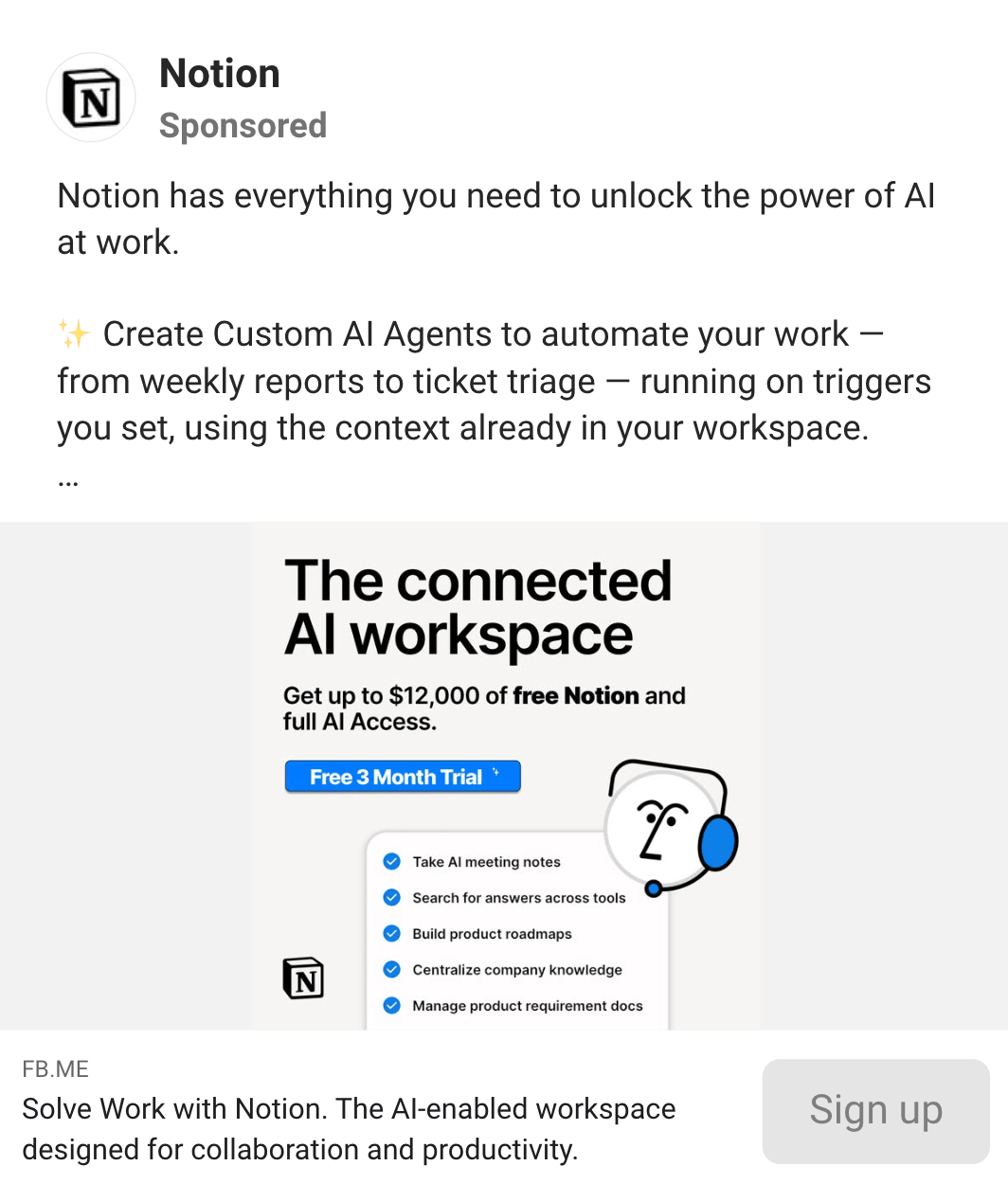 Notion Facebook ad example