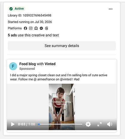 Vinted Facebook ad example