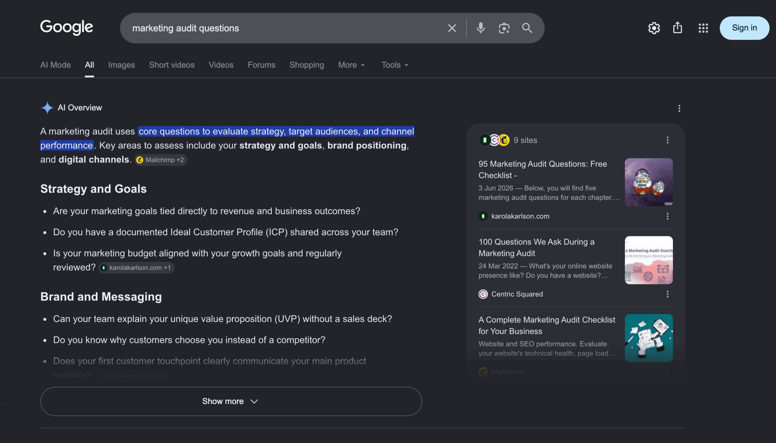 google search results for marketing audit