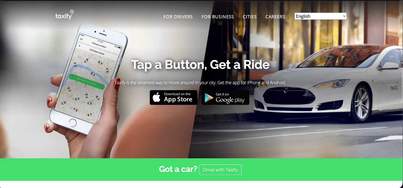 Taxify homepage hero in 2017 with the headline Tap a Button, Get a Ride