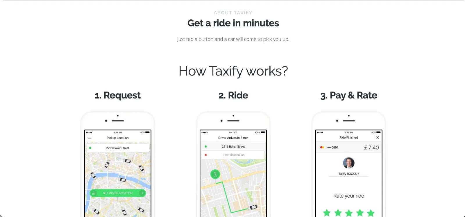 Taxify homepage 2017 how it works section with product UI illustrations