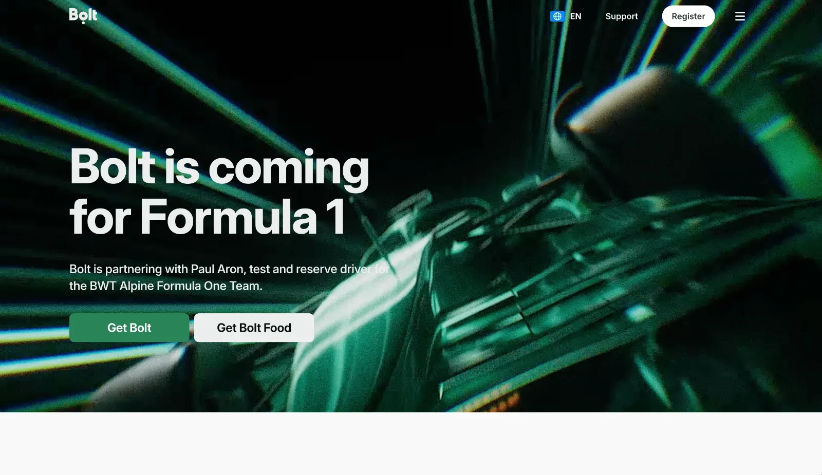 Bolt homepage hero with Formula 1 message