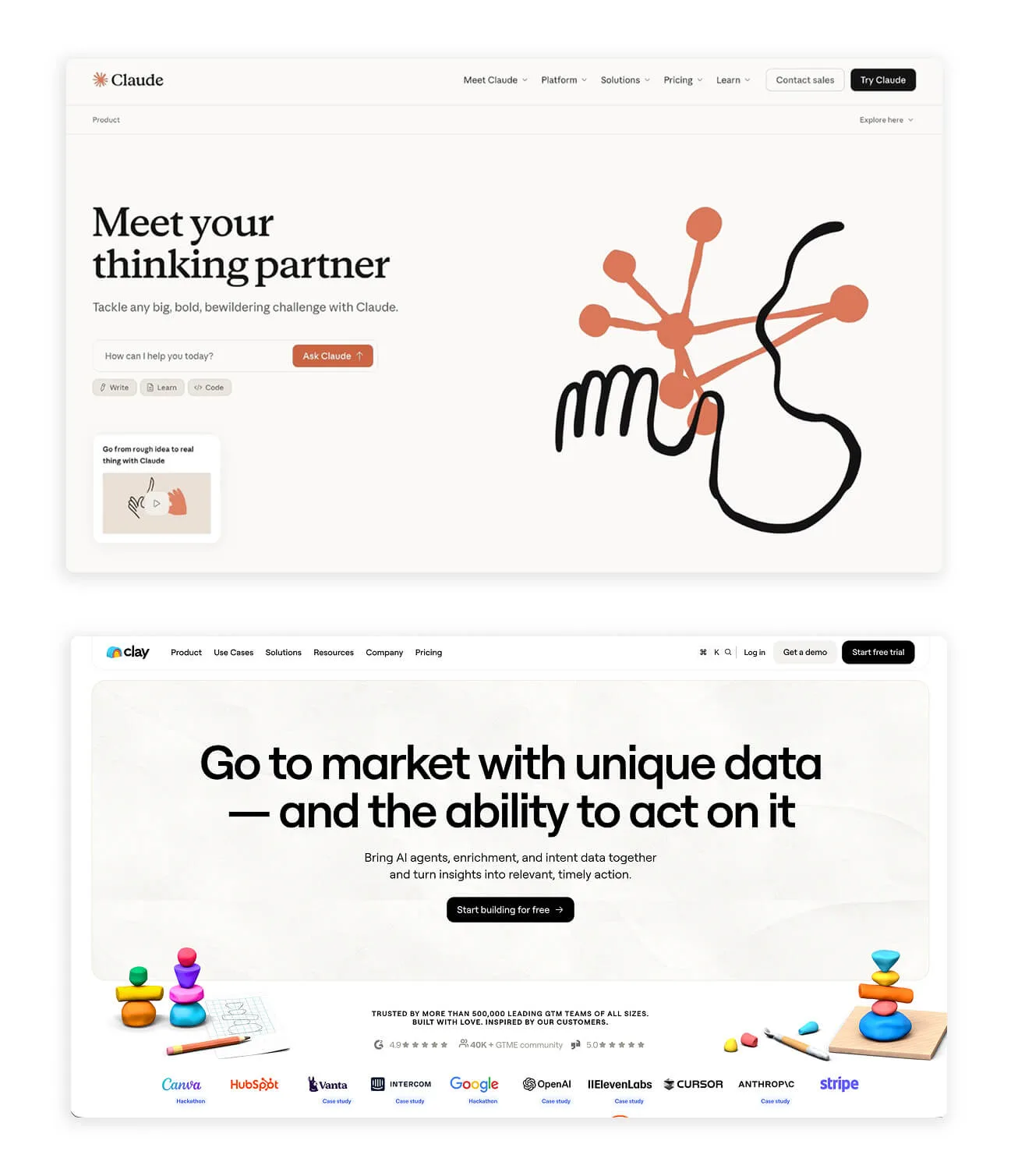 Claude and Clay homepage hero headlines compared