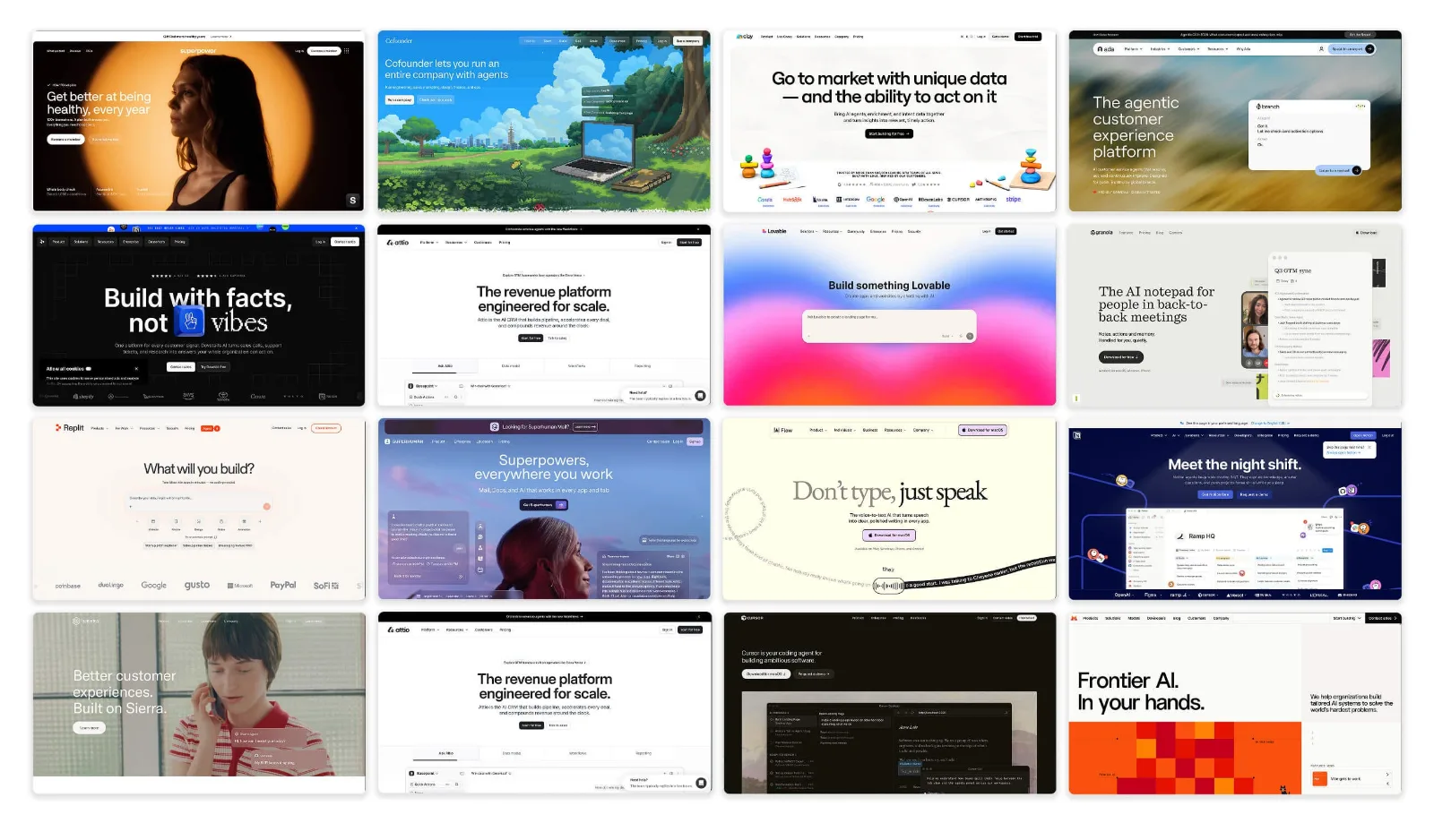 Homepage heroes of 15 leading AI brands