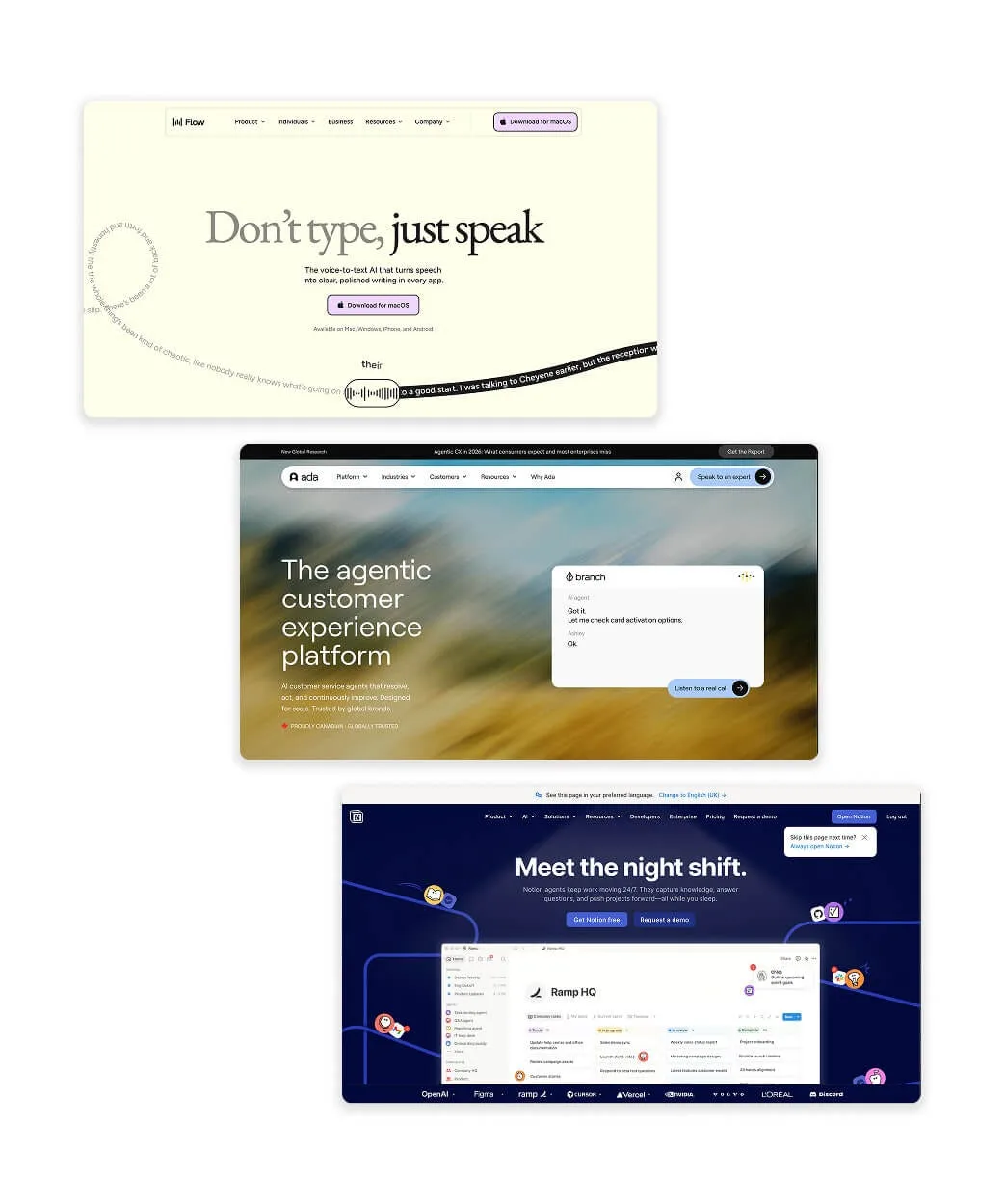Short AI homepage headlines with subheadlines from Wispr Flow, Ada and Notion