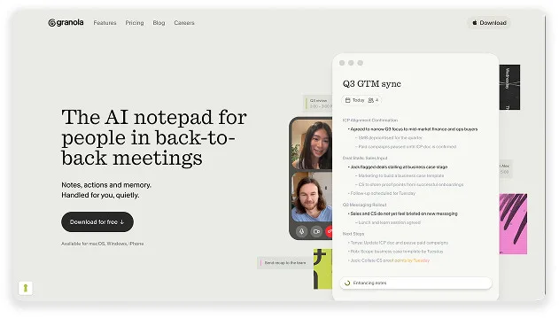 Granola homepage hero headline The AI notepad for people in back-to-back meetings