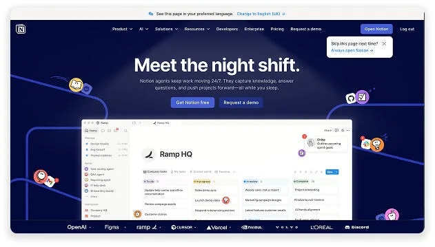 Notion homepage hero headline Meet the night shift