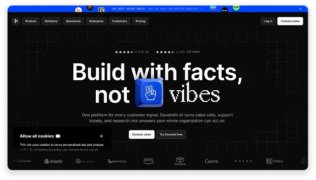 Dovetail homepage hero headline Build with facts, not vibes