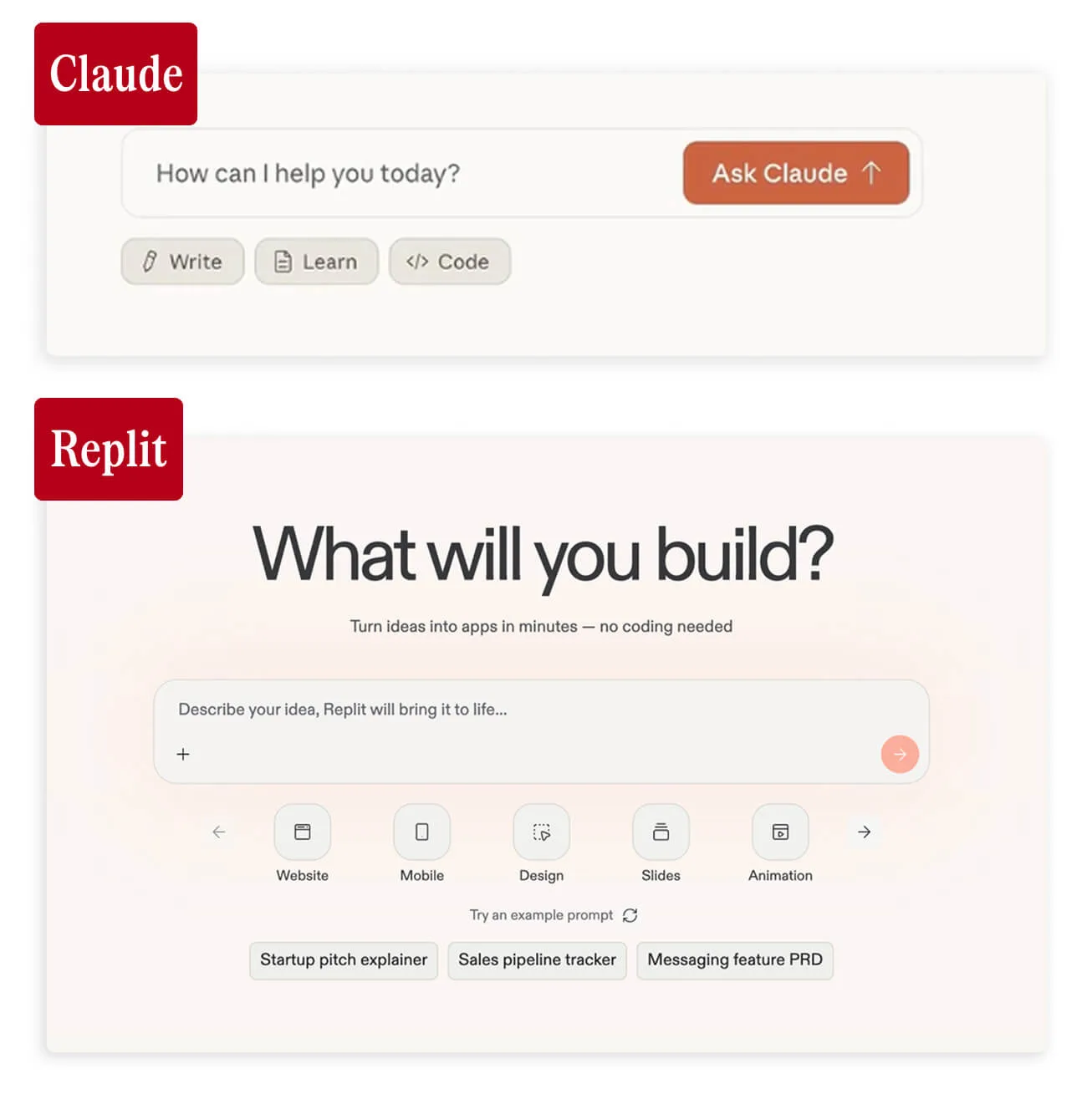 Claude and Replit homepage heroes with a prompt box instead of a CTA button