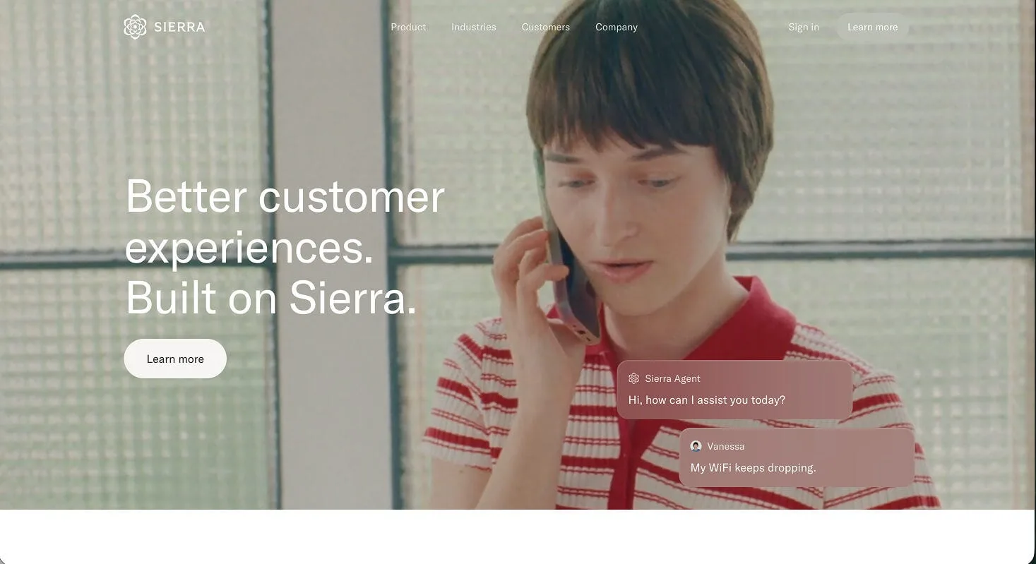 Sierra homepage hero headline Better customer experiences. Built on Sierra.