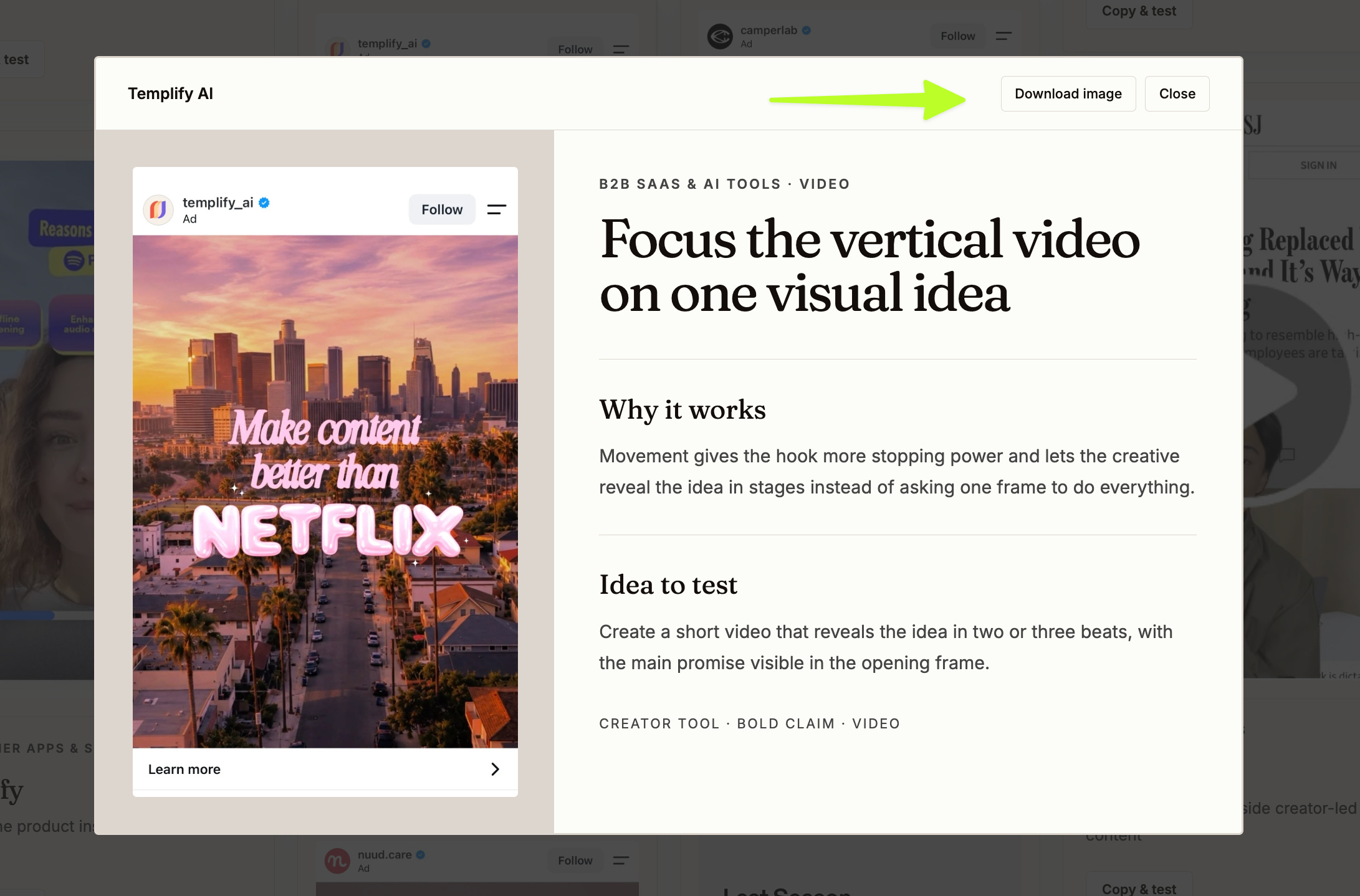 Downloading a Facebook video ad example from the Meta ads gallery