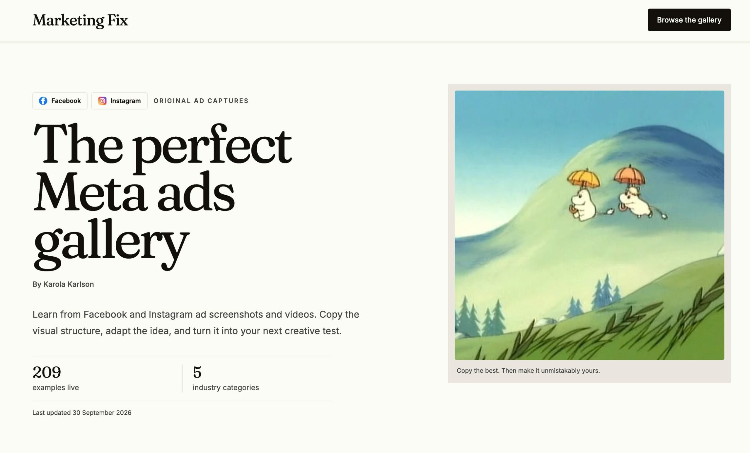 Meta ad examples gallery homepage with Facebook and Instagram ads sorted by category