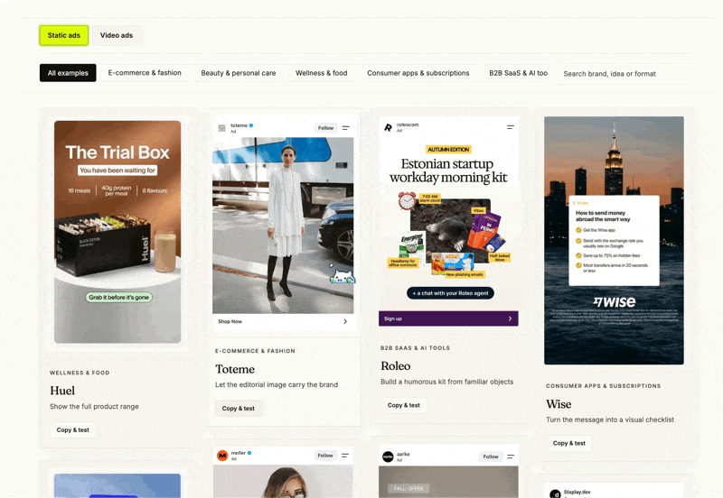 Switching between static and video Meta ad examples in the gallery