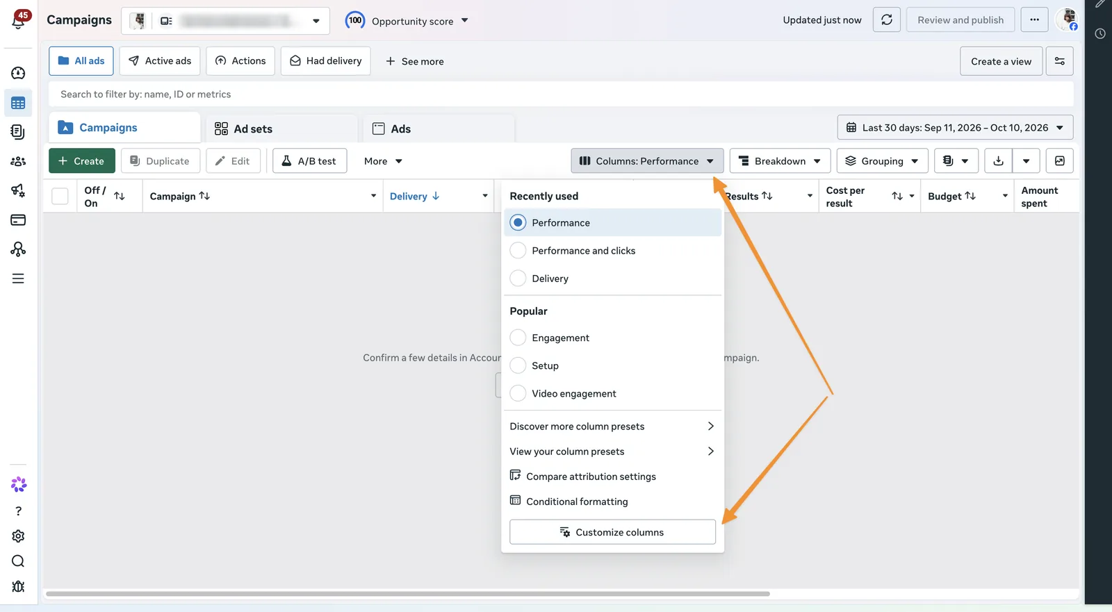 Meta Ads Manager Columns menu with Customize columns option