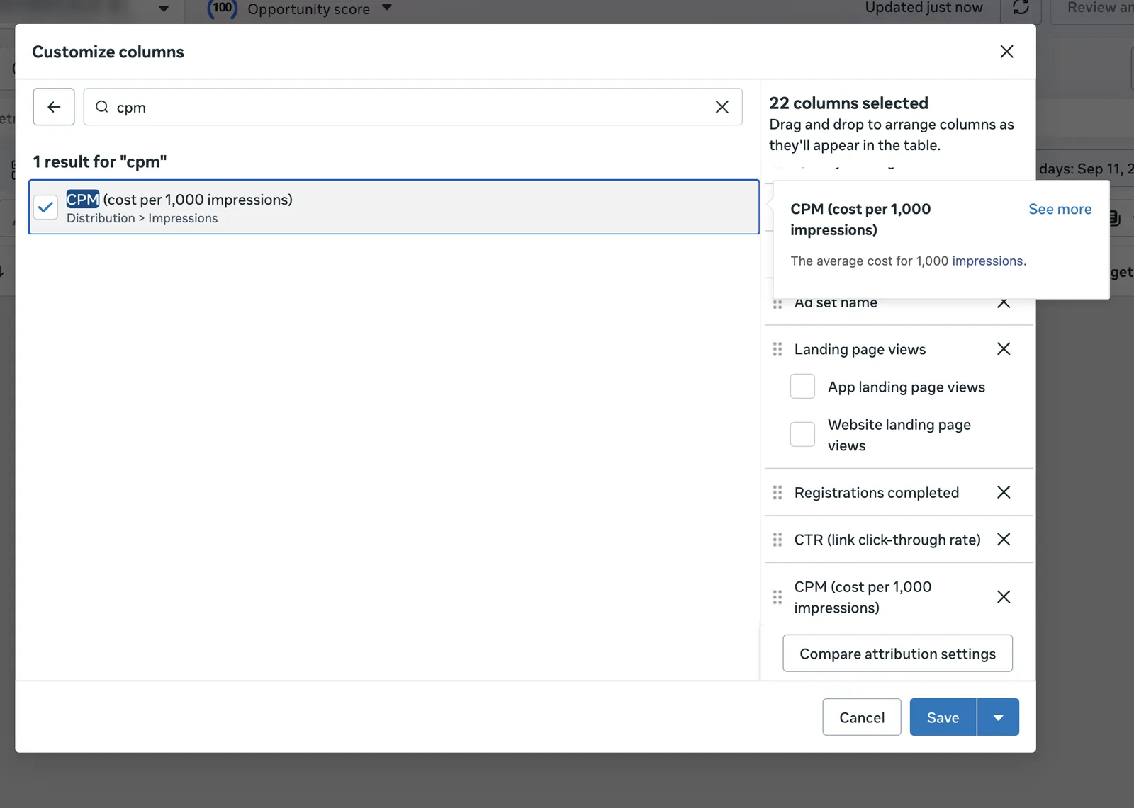 CPM cost per 1,000 impressions column in Meta Ads Manager