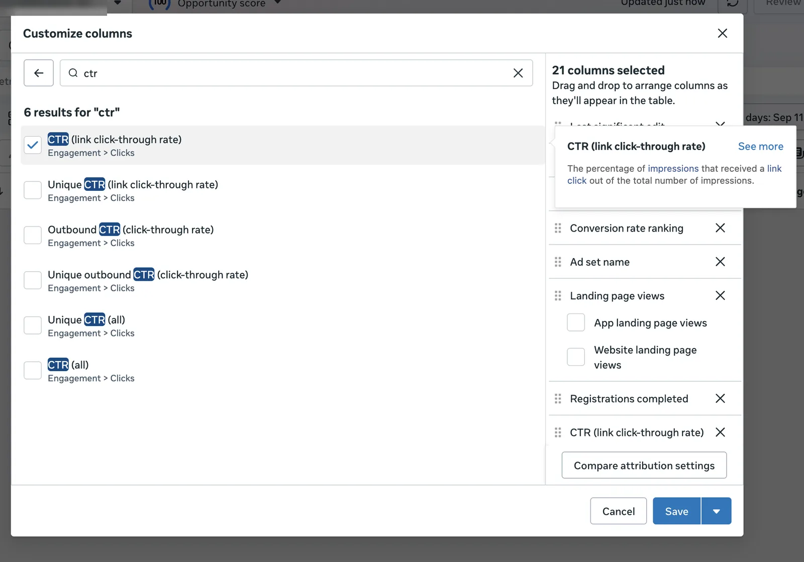 CTR link click-through rate column options in Meta Ads Manager