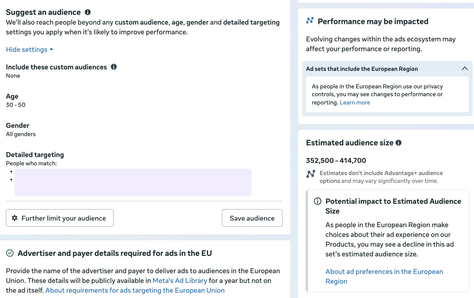 Meta ad set audience settings with Advantage+ audience suggestion and estimated audience size