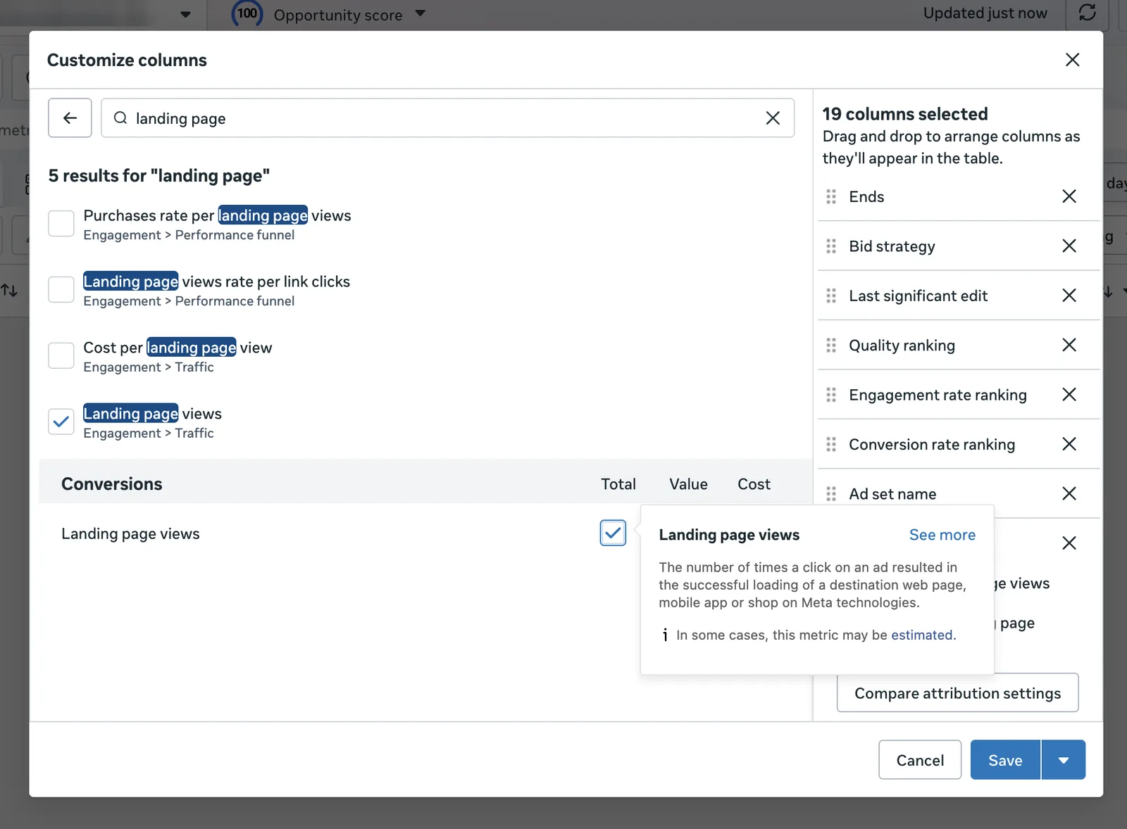 Landing page views column in Meta Ads Manager