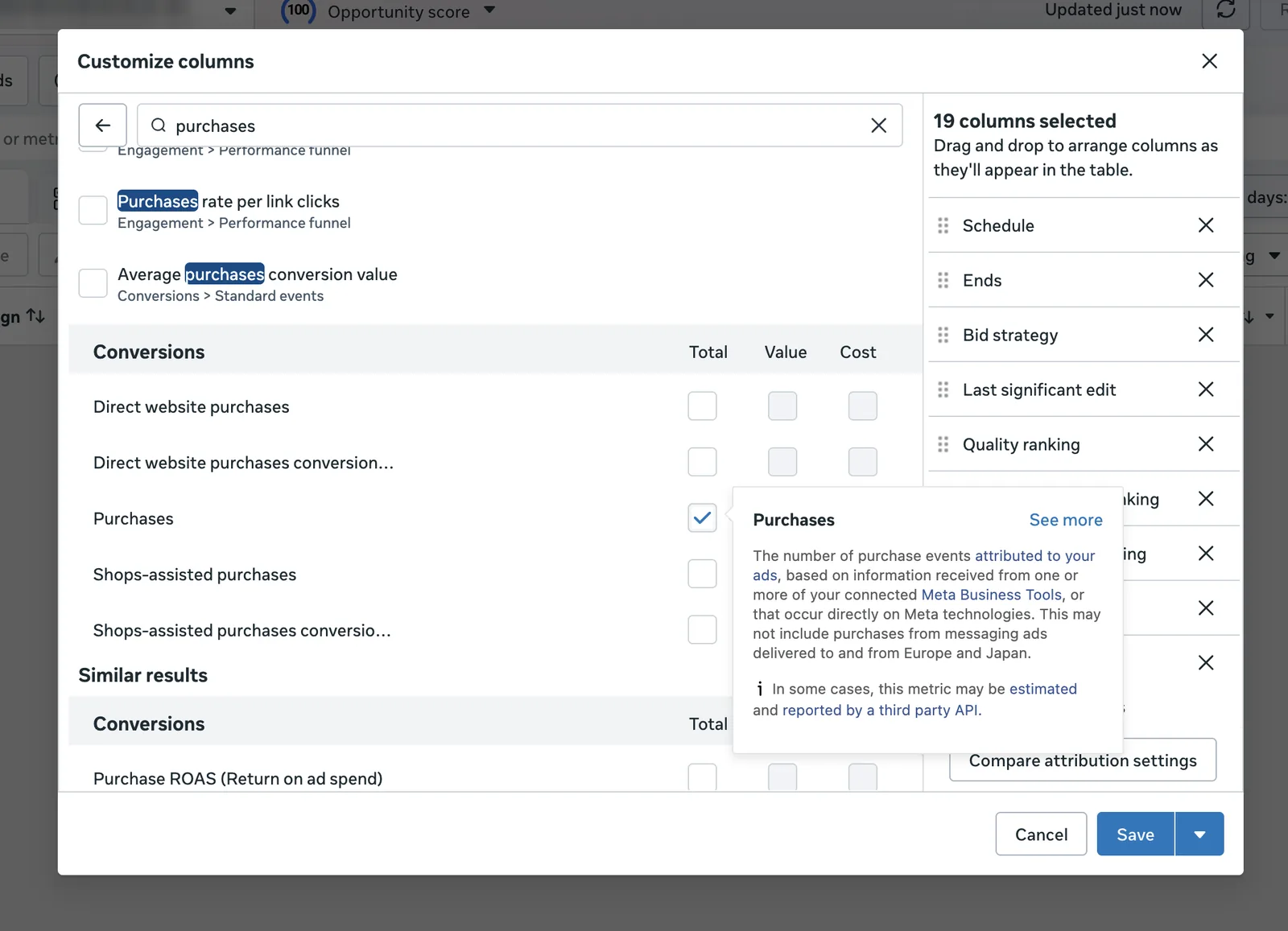 Purchases conversion column in Meta Ads Manager Customize columns