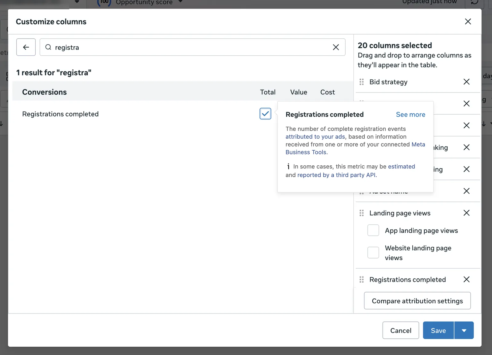 Registrations completed conversion column in Meta Ads Manager