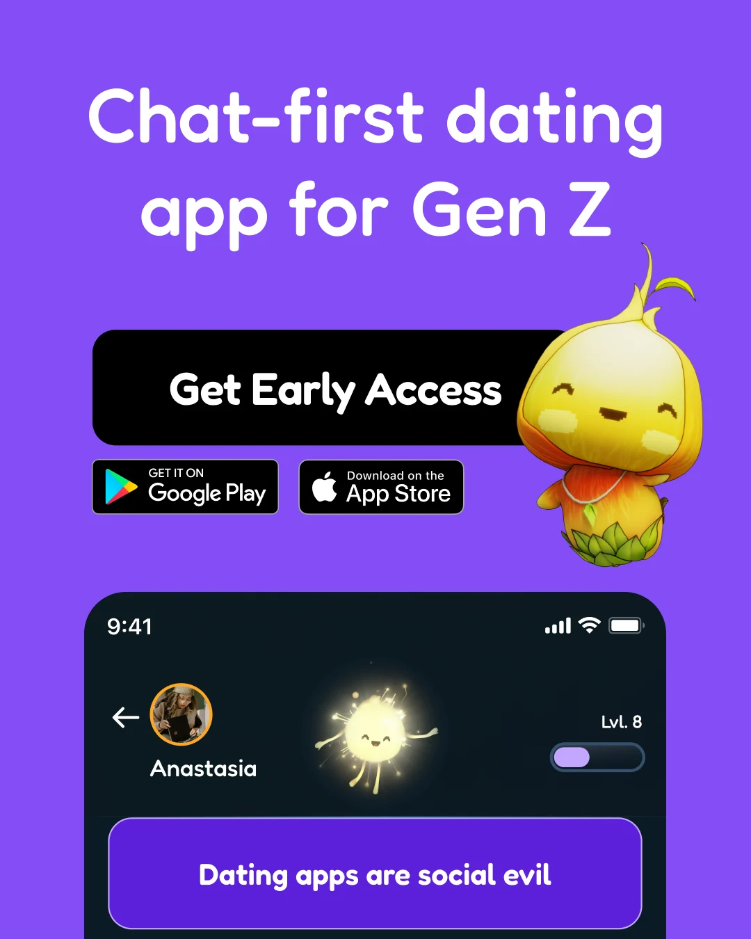 Oom chat-first dating app ad for Gen Z, with a yellow mascot and app preview.
