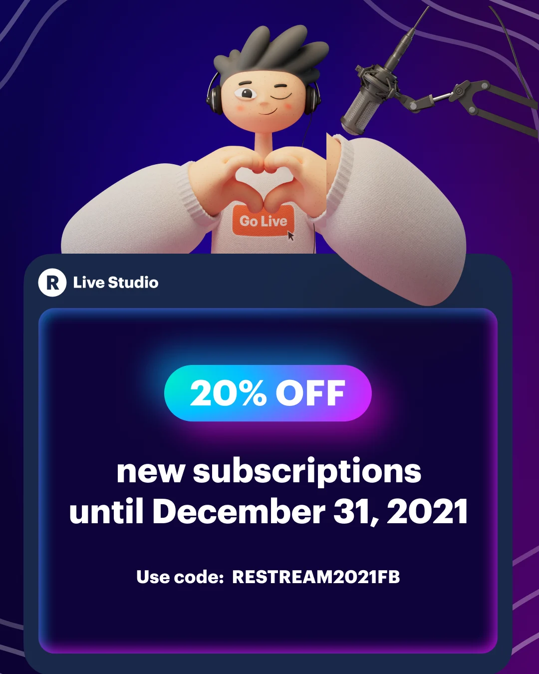 Restream Live Studio ad with a 20% subscription discount (2021 promotion).